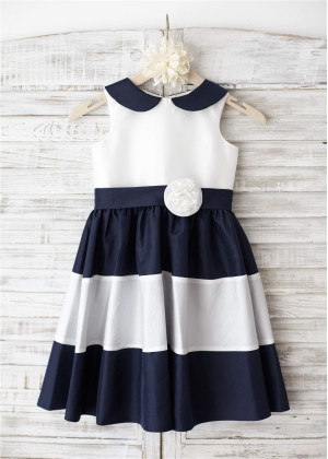 Ivory Navy Blue Stripe Taffeta Knee Length Flower Girl Dress